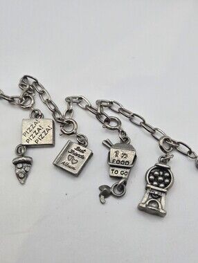 Vintage silver Tone Charm Bracelet Pizza Takeout Box Best Friends Gumballs 8"